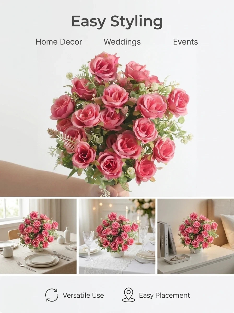 Artificial Rose Bouquet Set of 3 Pink Silk Flowers Wedding Home Decor 12in