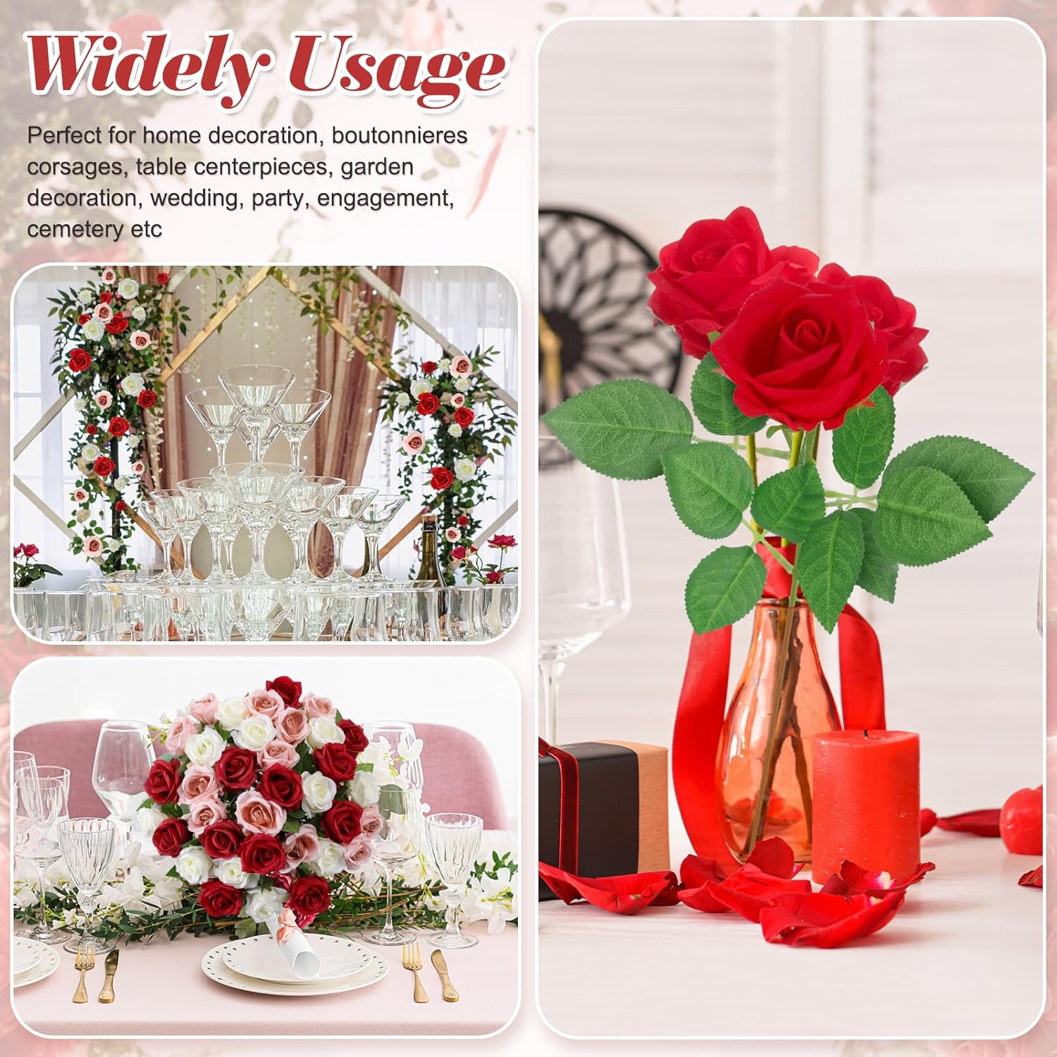 36 Pcs Red White Pink Artificial Roses with Long Stems, Fake Silk Rose Artificia