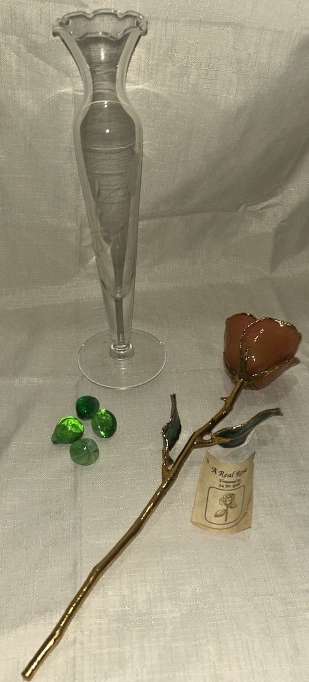 24K Gold Trimmed Real Peach Forever Rose Crystal Vase Green Glass Keepsake
