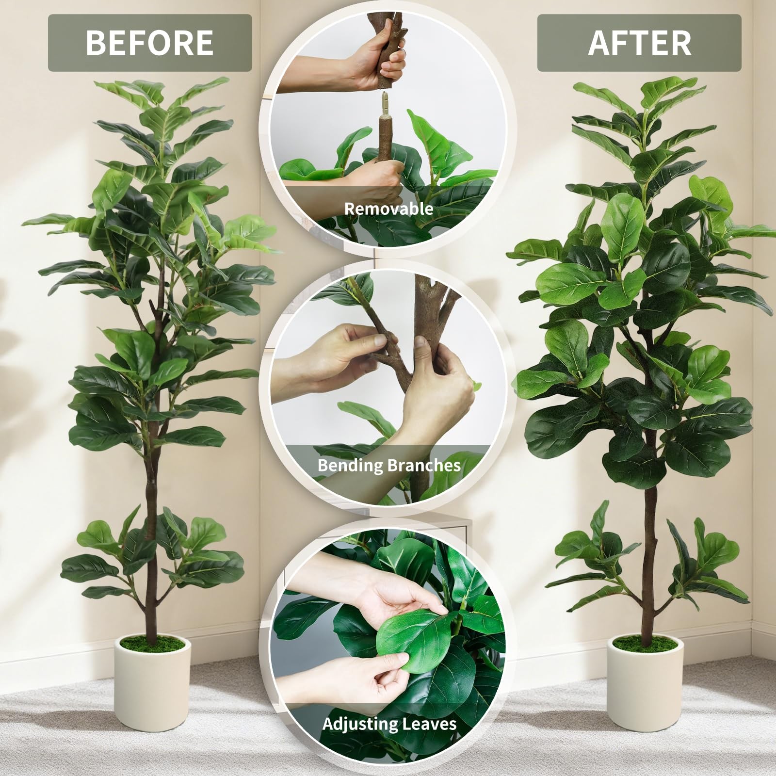 5FT Artificial Fiddle Leaf Fig Tree with White Planter & Fake Moss, Realistic…
