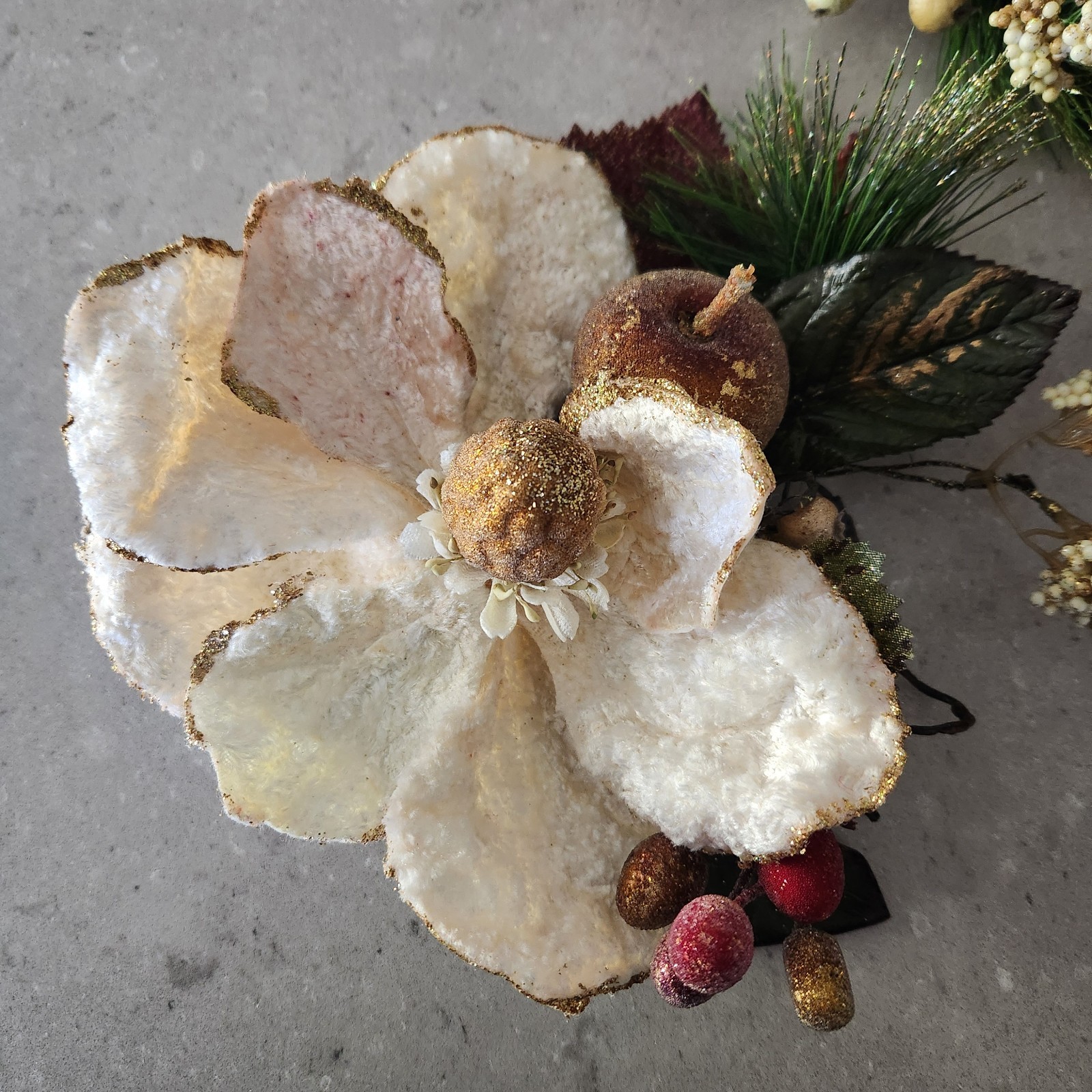 Set of 3 Gold Glittered Artificial Soft White Magnolia Sprays Fruit Berries