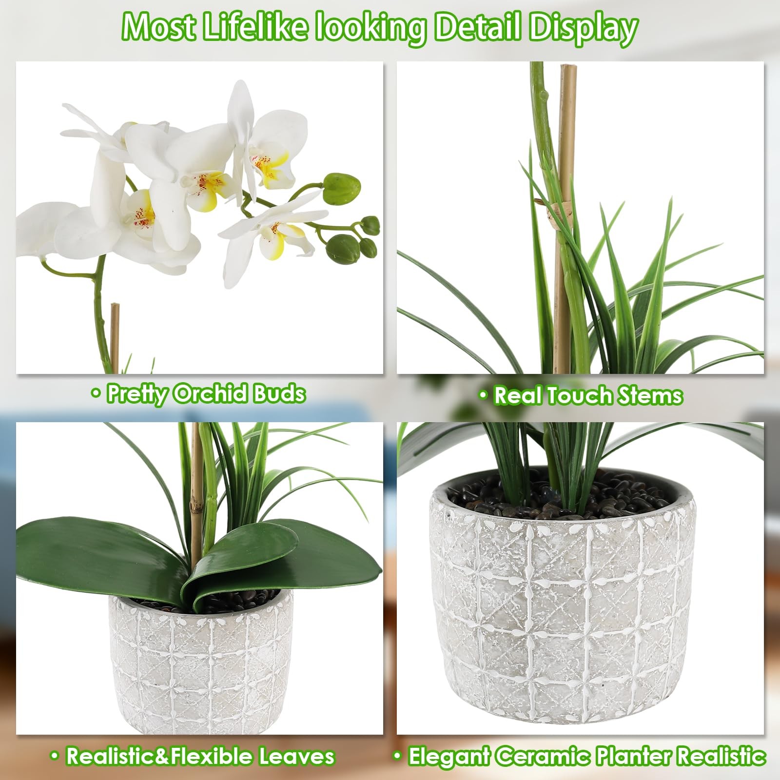 Orchid Artificial Flowers 16″ White Fake Orchid Flowers in Gray Ceramic Pot F…