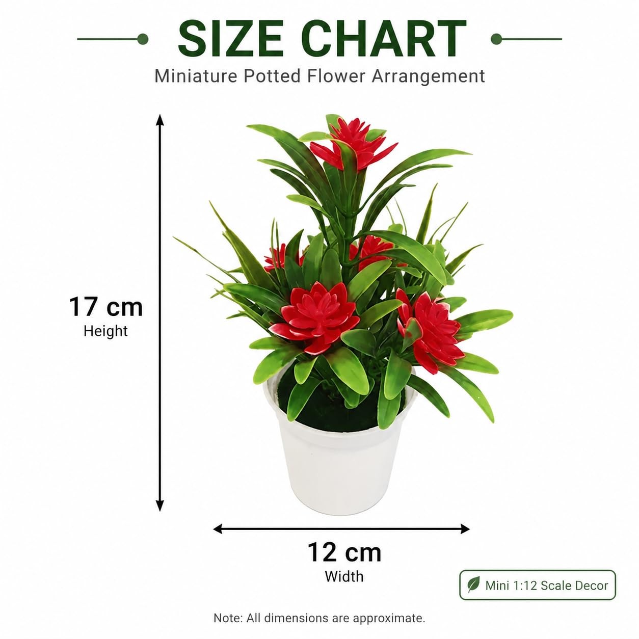 Dollhouse 1: 12 Red Artificial Lotus Flowers in Plastic Vase, Mini Potted Flo…