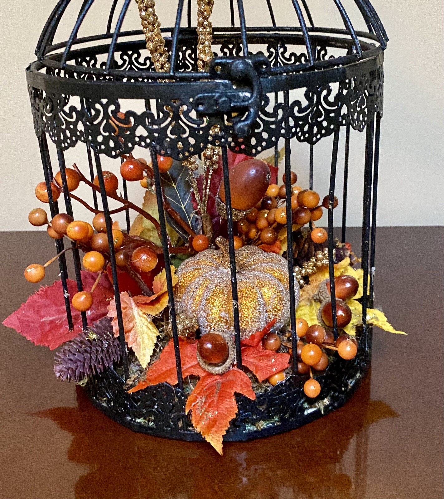 Vintage Halloween Birdcage with Glittery Gold Accents
