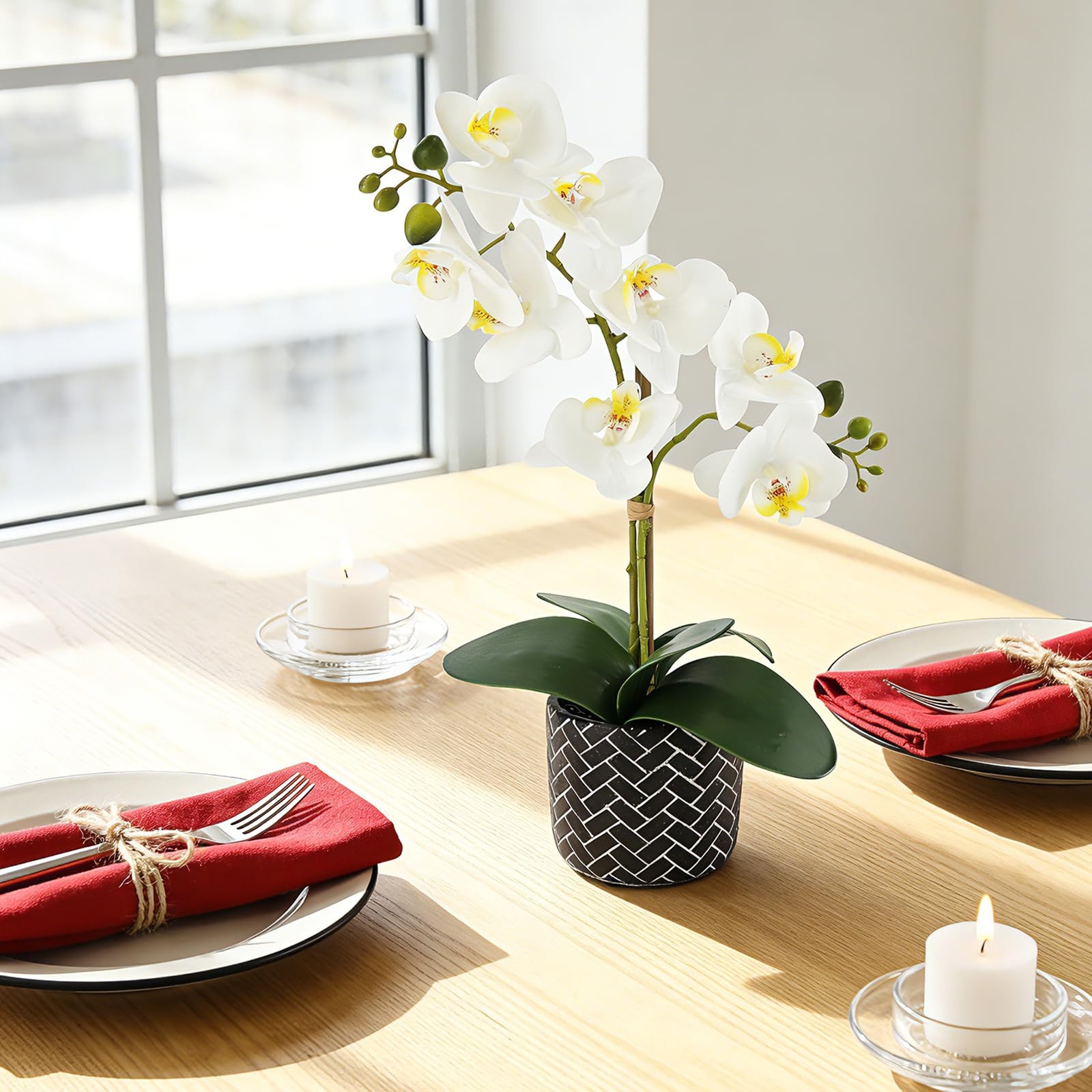 Orchid Artificial Flowers 16″ White Fake Orchid Flowers in Black Ceramic Pot …