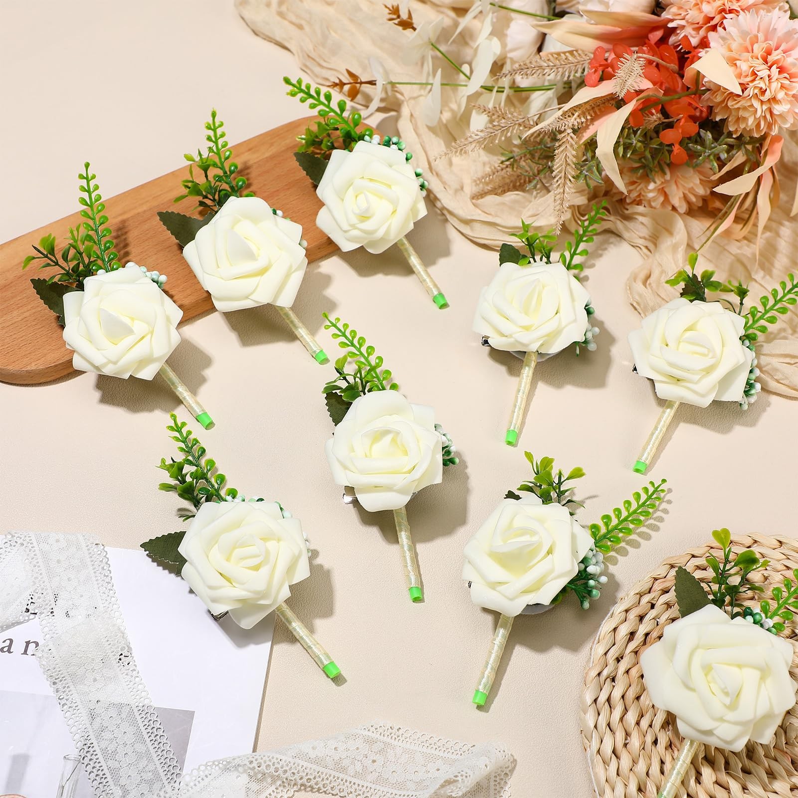 Retrowavy 32 Pcs Ivory White Rose Boutonniere Pins for Men Wedding Corsages G…