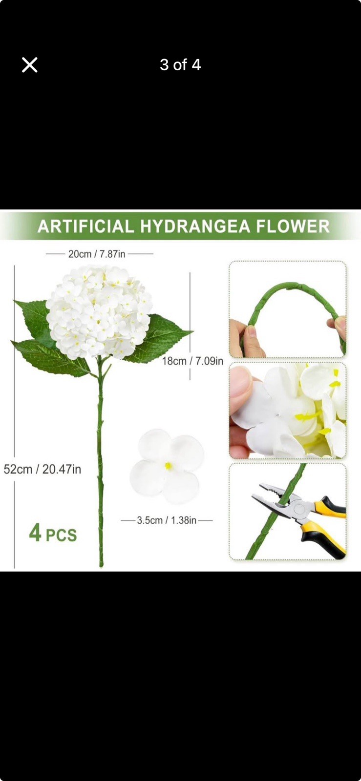 Artificial Hydrangea Flower Stems White/Green Rubber Waterproof 4 PCS 20.47 in