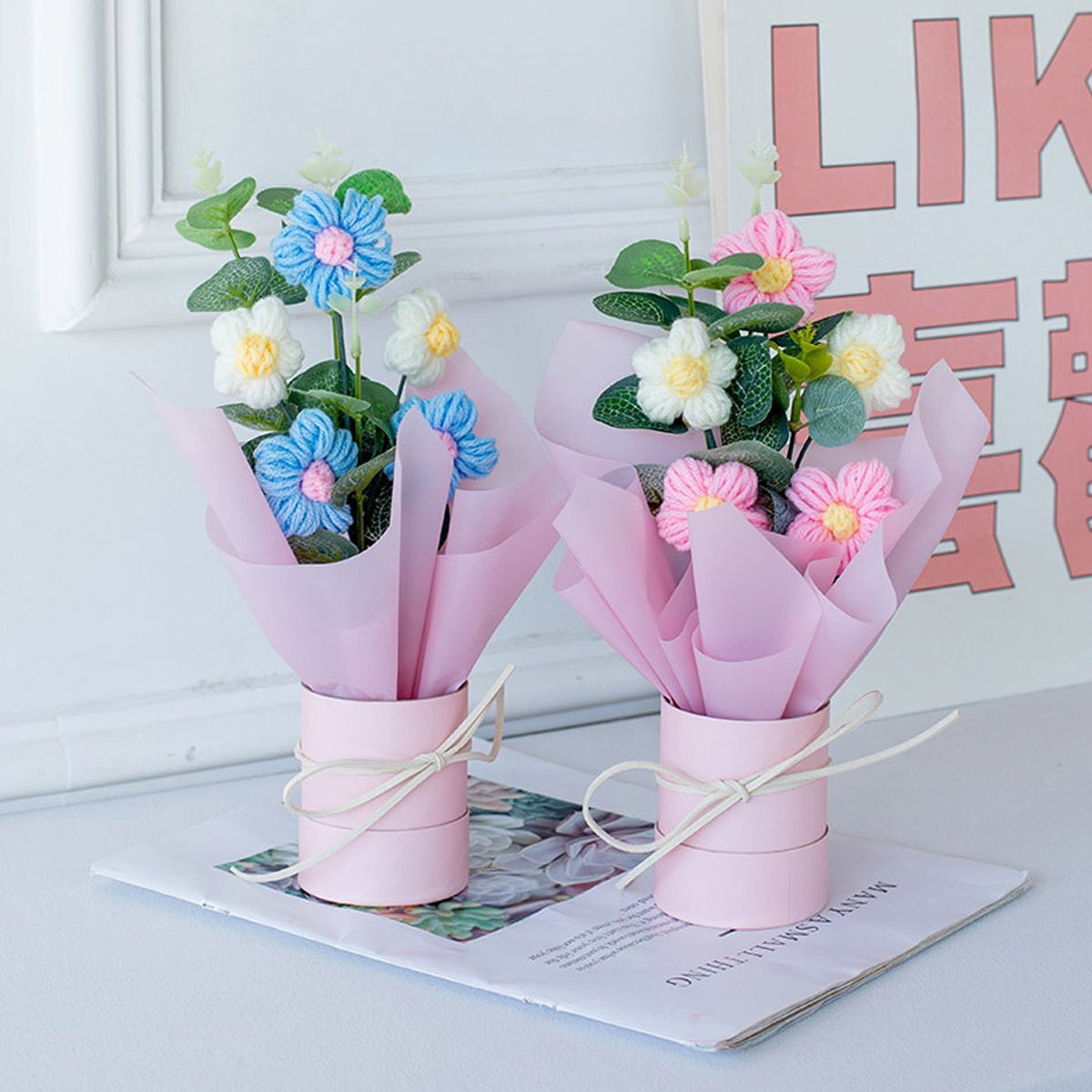 Crochet Flowers Bouquet with Light, Exquisite Gift Knitted Home Floral Decor