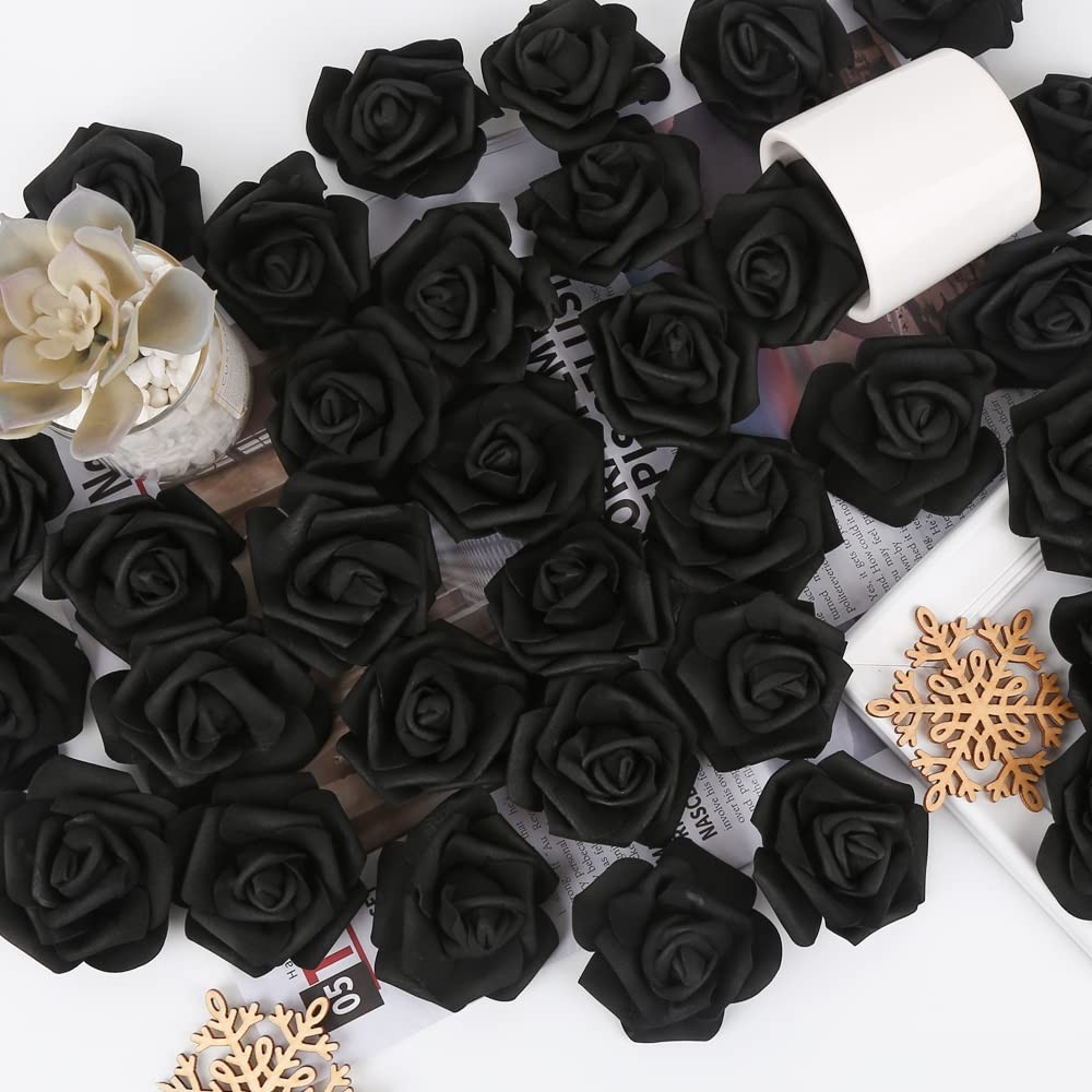 INSUNSIX 200pcs Black Artificial Foam Rose Flower Head, 3-Inch Fake Flower He…