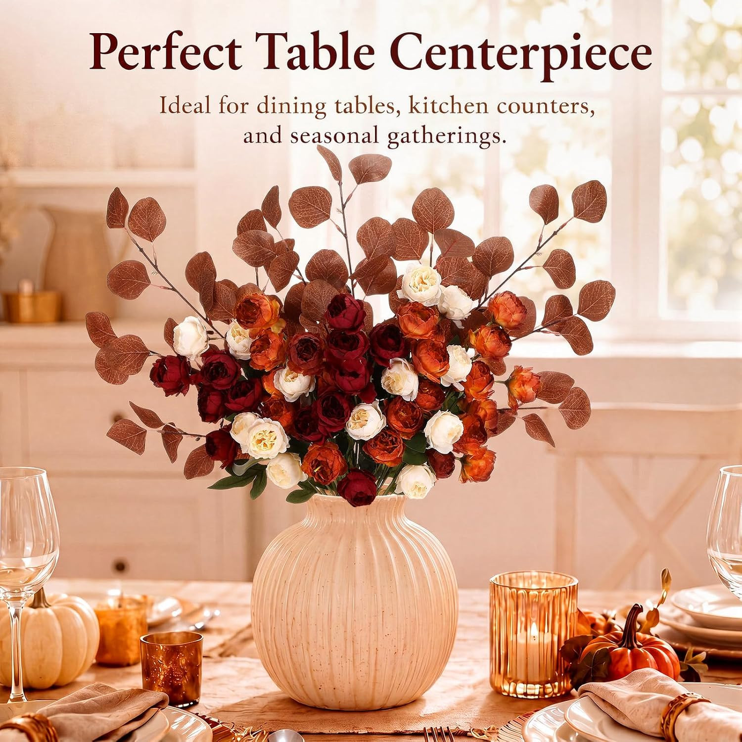 30” Burnt Orange Faux Peonies – 10 Pcs Fall Floral Arrangement for Decor