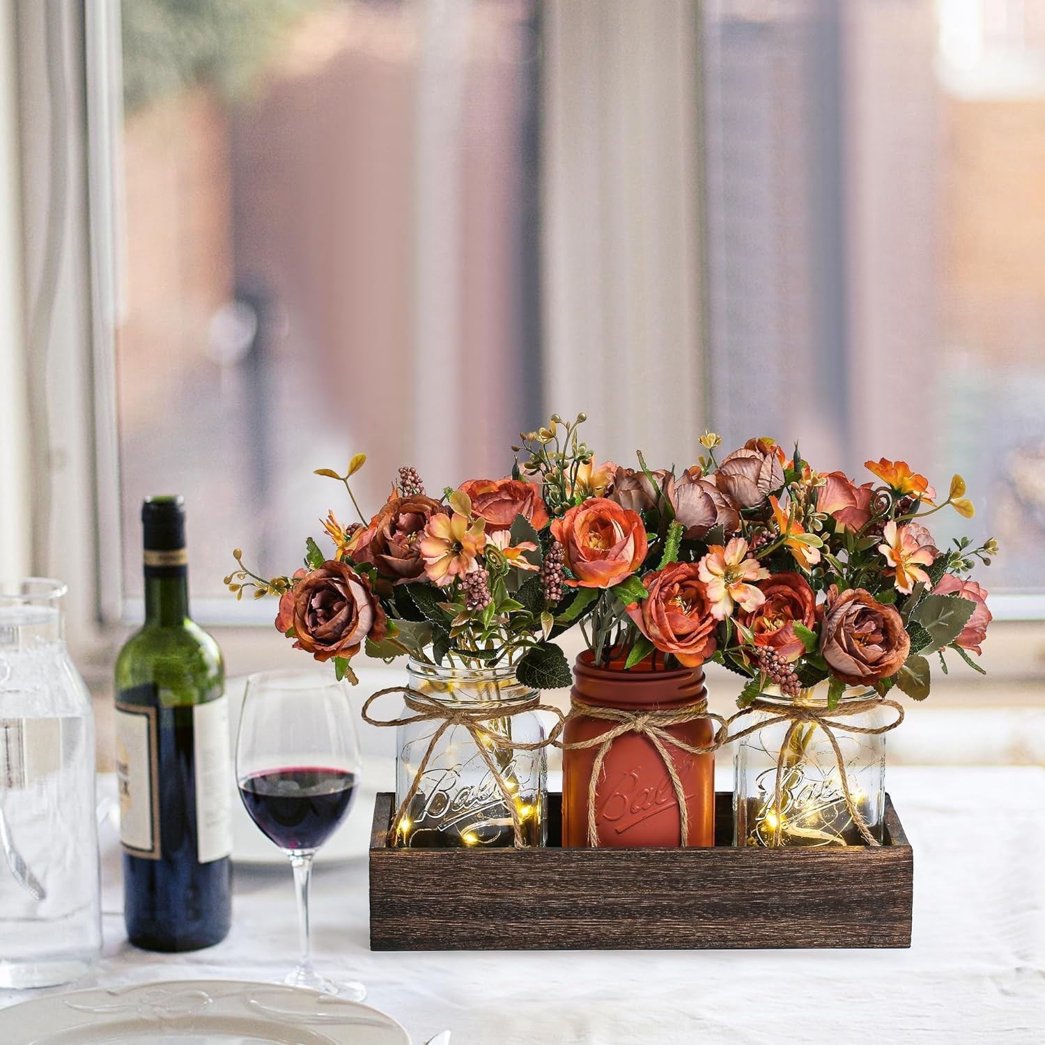 Versatile 3-Pc Mason Jar Set with Wood Tray & LED for Dining & Living Spaces