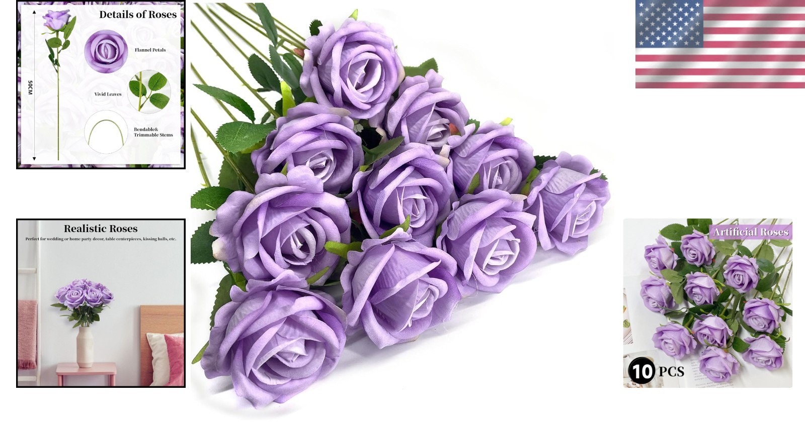 10PCS Artificial Roses Flower with Stems Slik Fake Flowers Light Purple