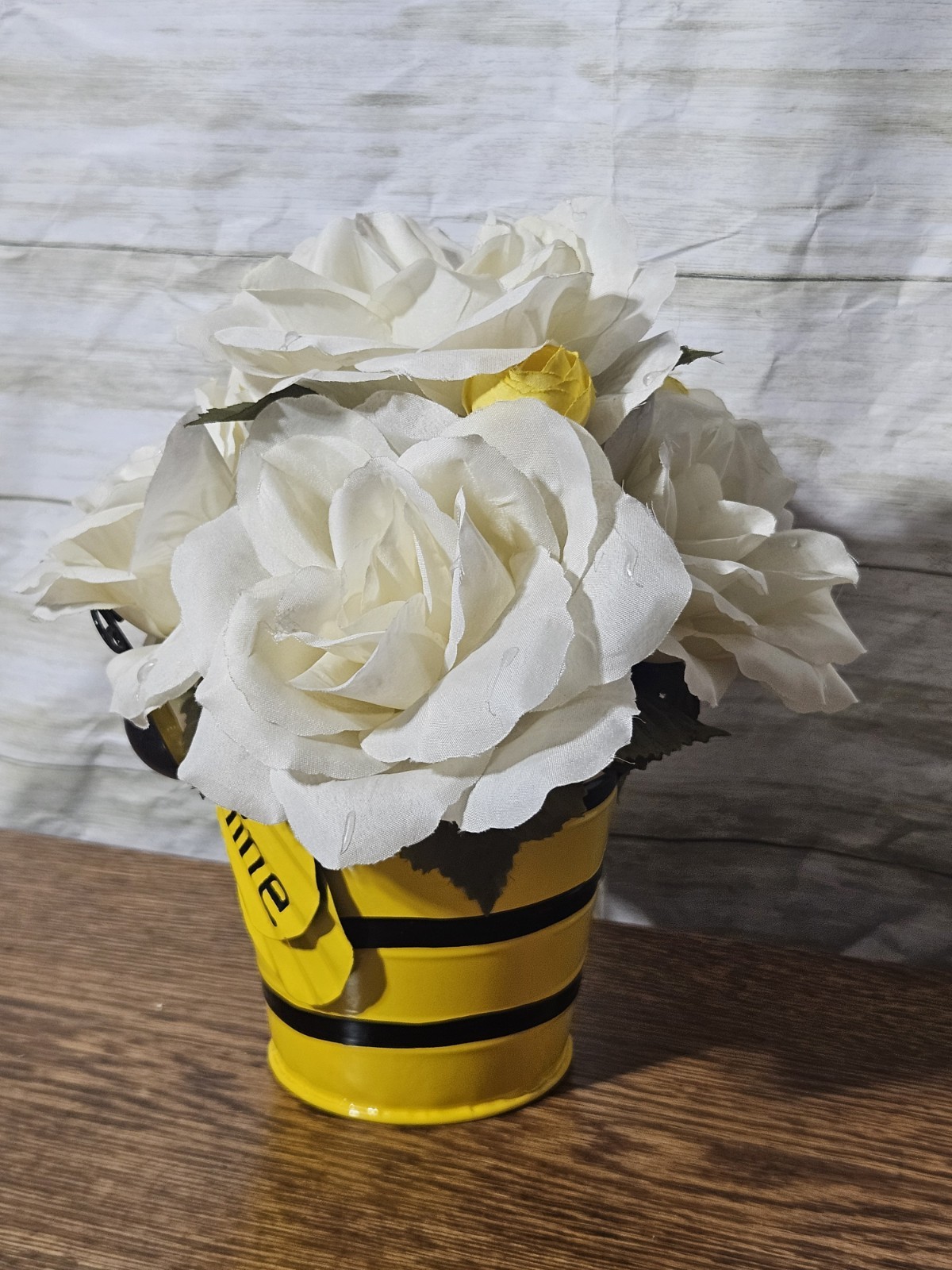 Homemade Bee Mine White Rose Flower Arrangement In A Yellow N Black Tin Bucket