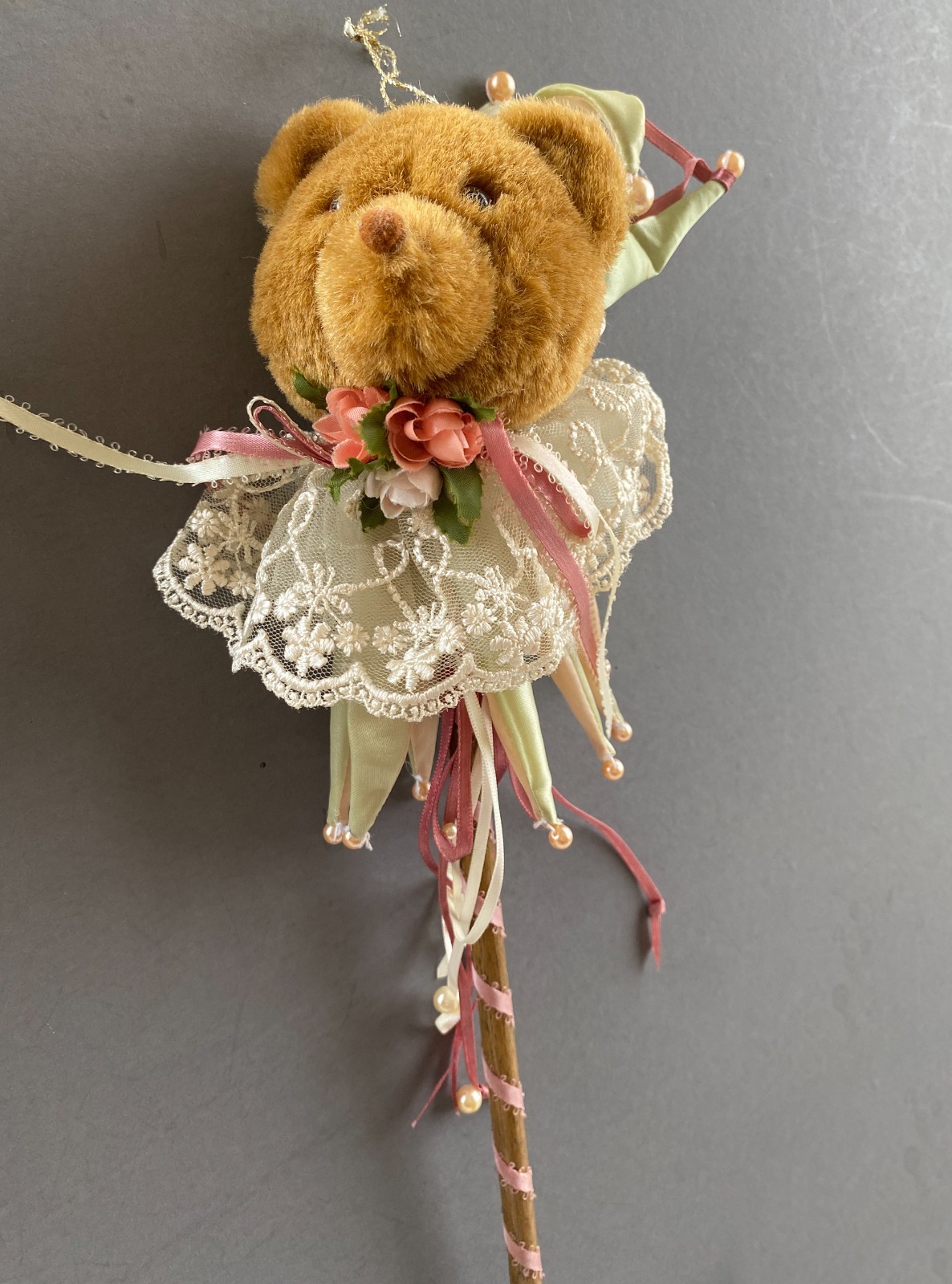 Fancy Teddy Bear with Ribbons, Lace, Flowers on a Stick ~ Unique Wall Decor