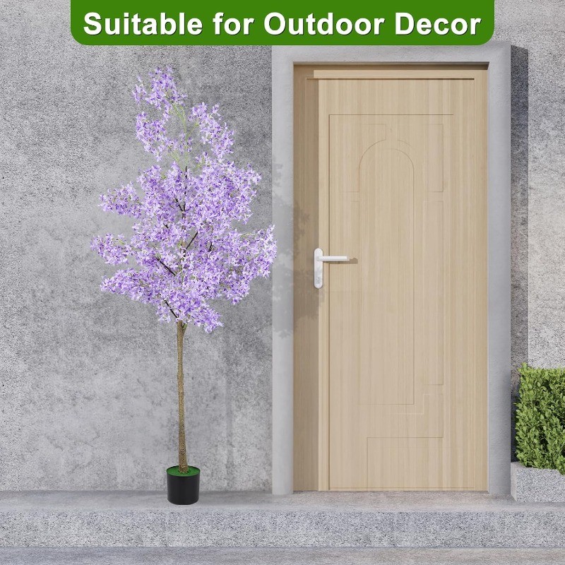 6FT Artificial Winter Jasmine Tree with Cement Base Pot Faux Floor Plant, Purple
