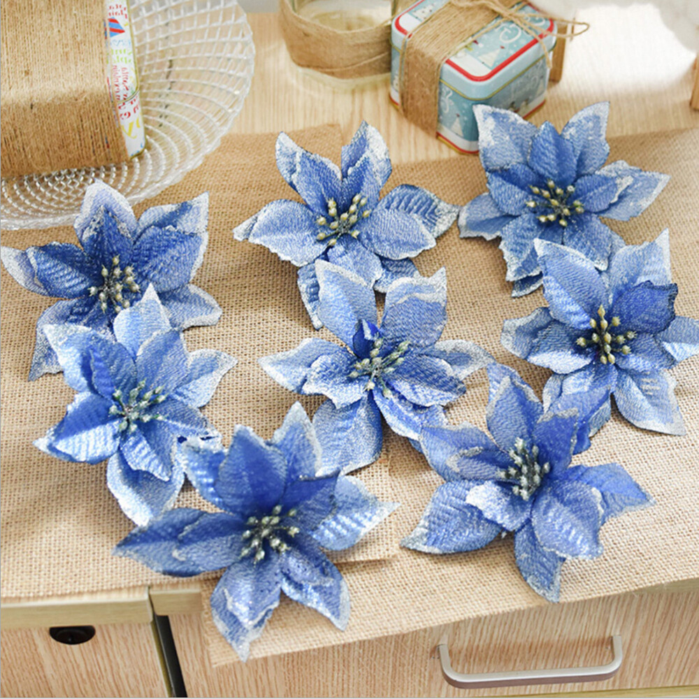 8 Sets Christmas Tree Wreaths Decor Poinsettia Glitter Flower Gold Bow Clip On