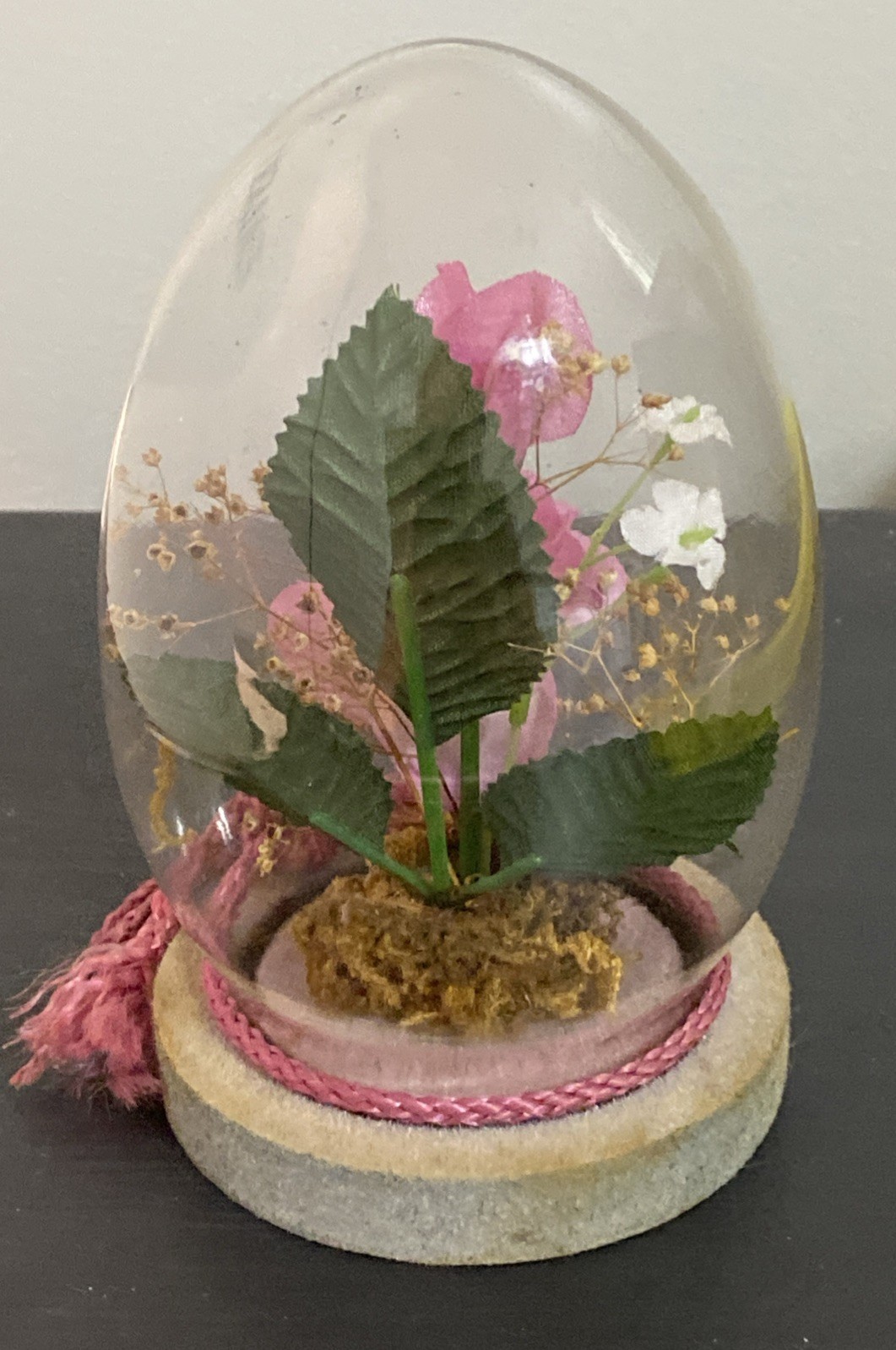 Vintage Glass Dome Decor Faux Dried Pink Rose Plant Floral