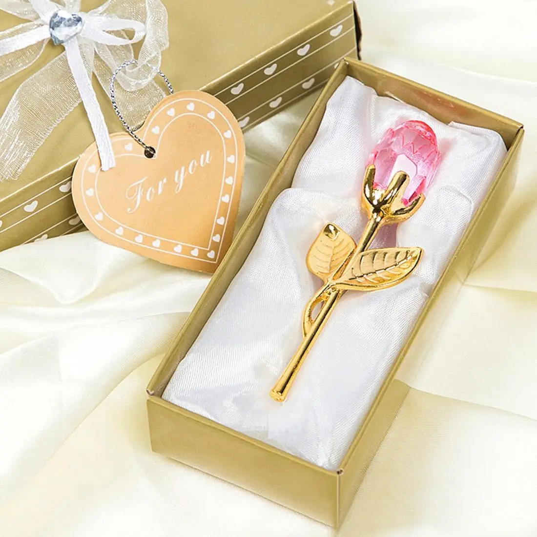Mini Crystal Glass Rose Flower with Gift Box Aesthetic Artificial Rose Ornament
