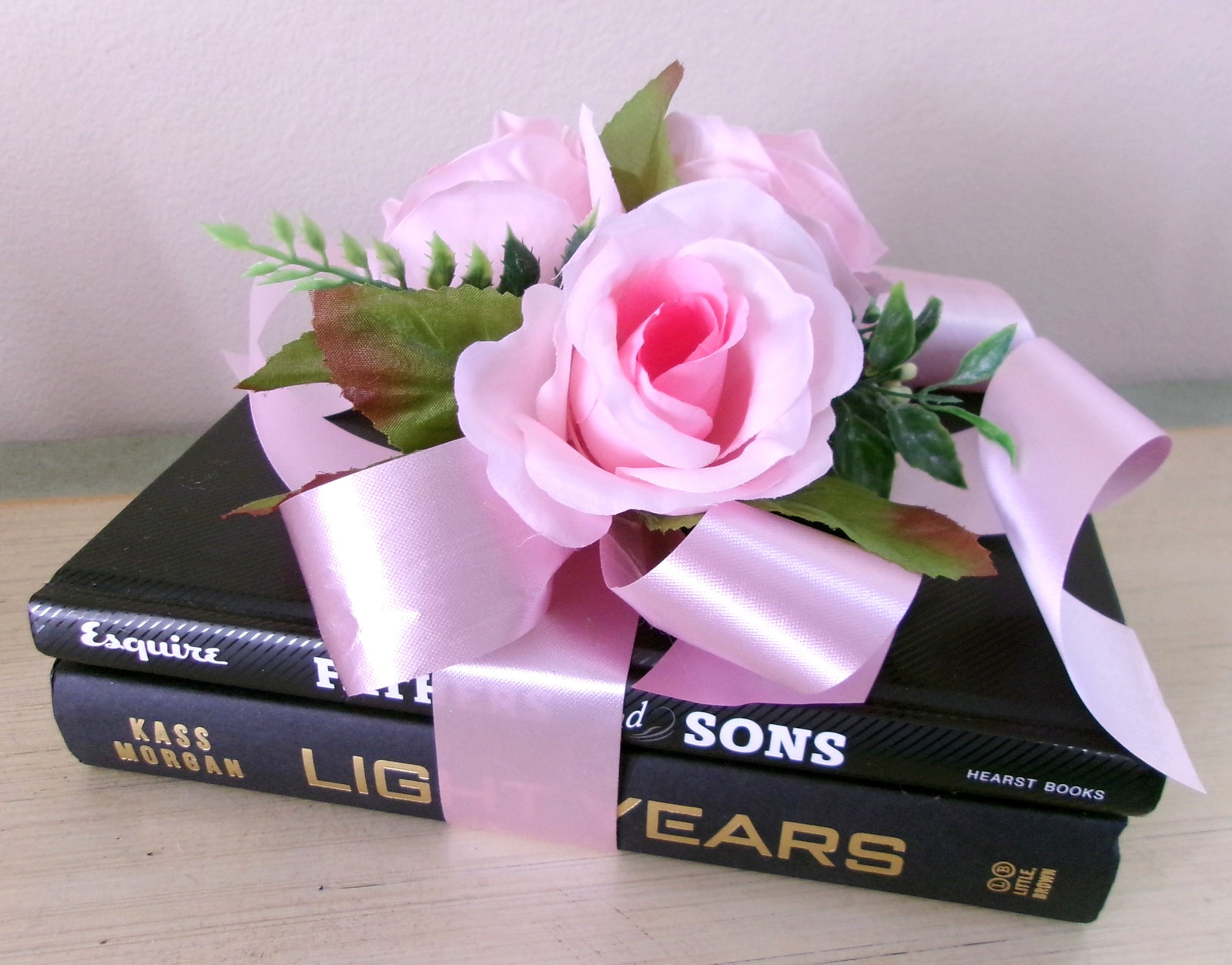 Decorative Book with Silk Pink Roses Accent Arrangement New