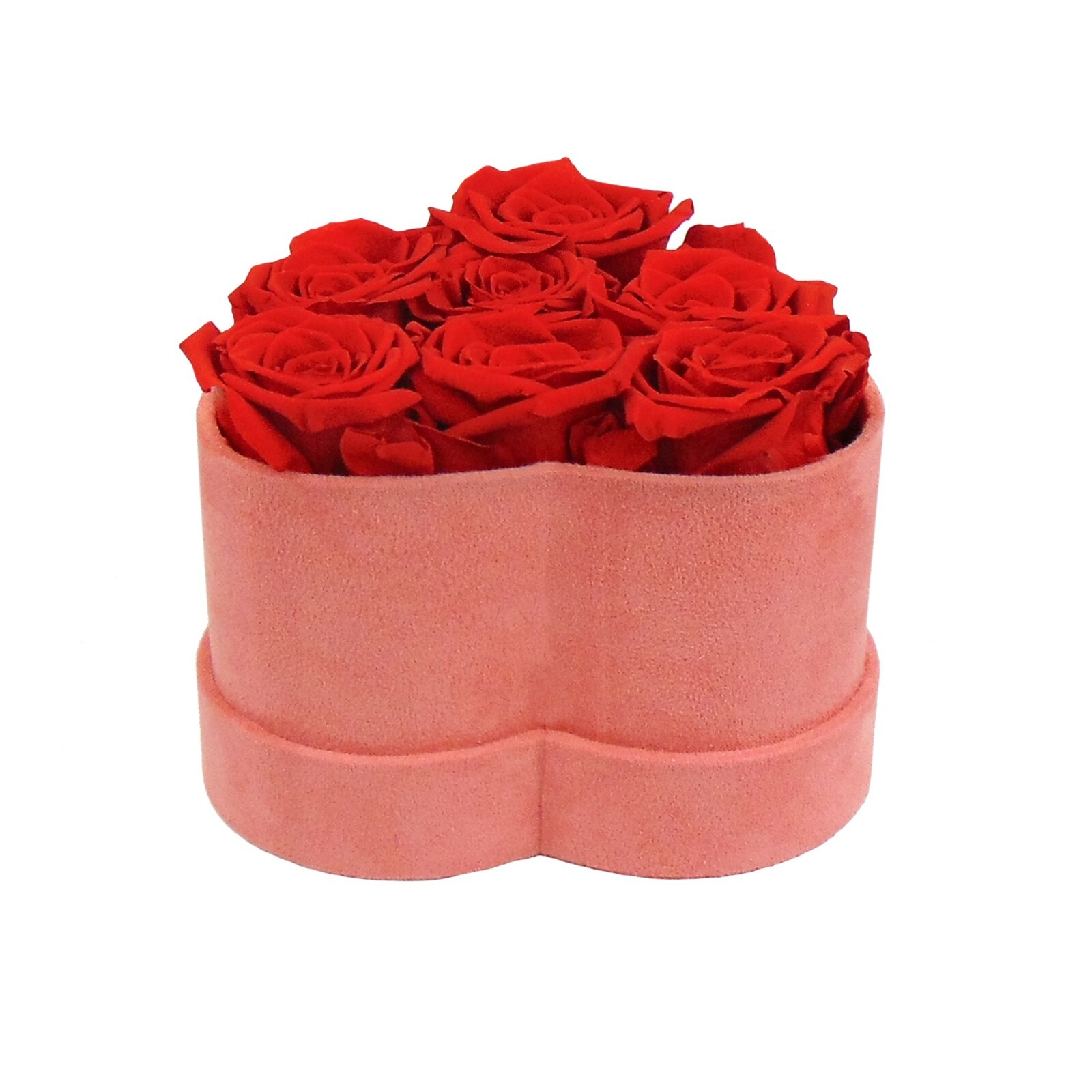 Personalized Heart Shaped Red Roses In Pink Suede Box, Real Long Lasting Roses