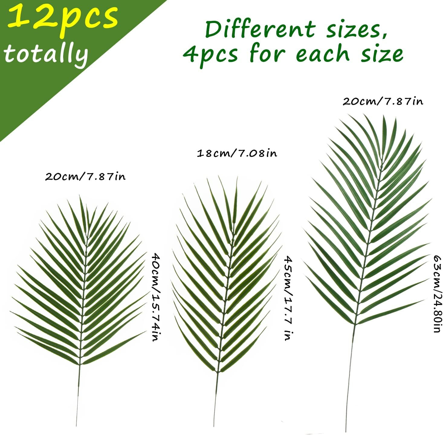 12 PCS Artificial Palm Leaves, Assorted Sizes Faux Large Palm Fronds Fake Tropic