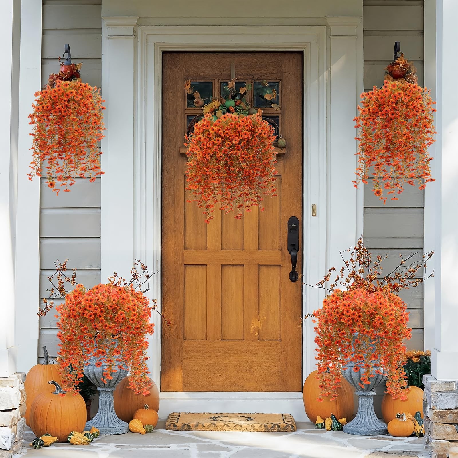 12 Pcs Artificial Hanging Mums Flowers Outdoor, Orange UV Resistant Fake Hang…