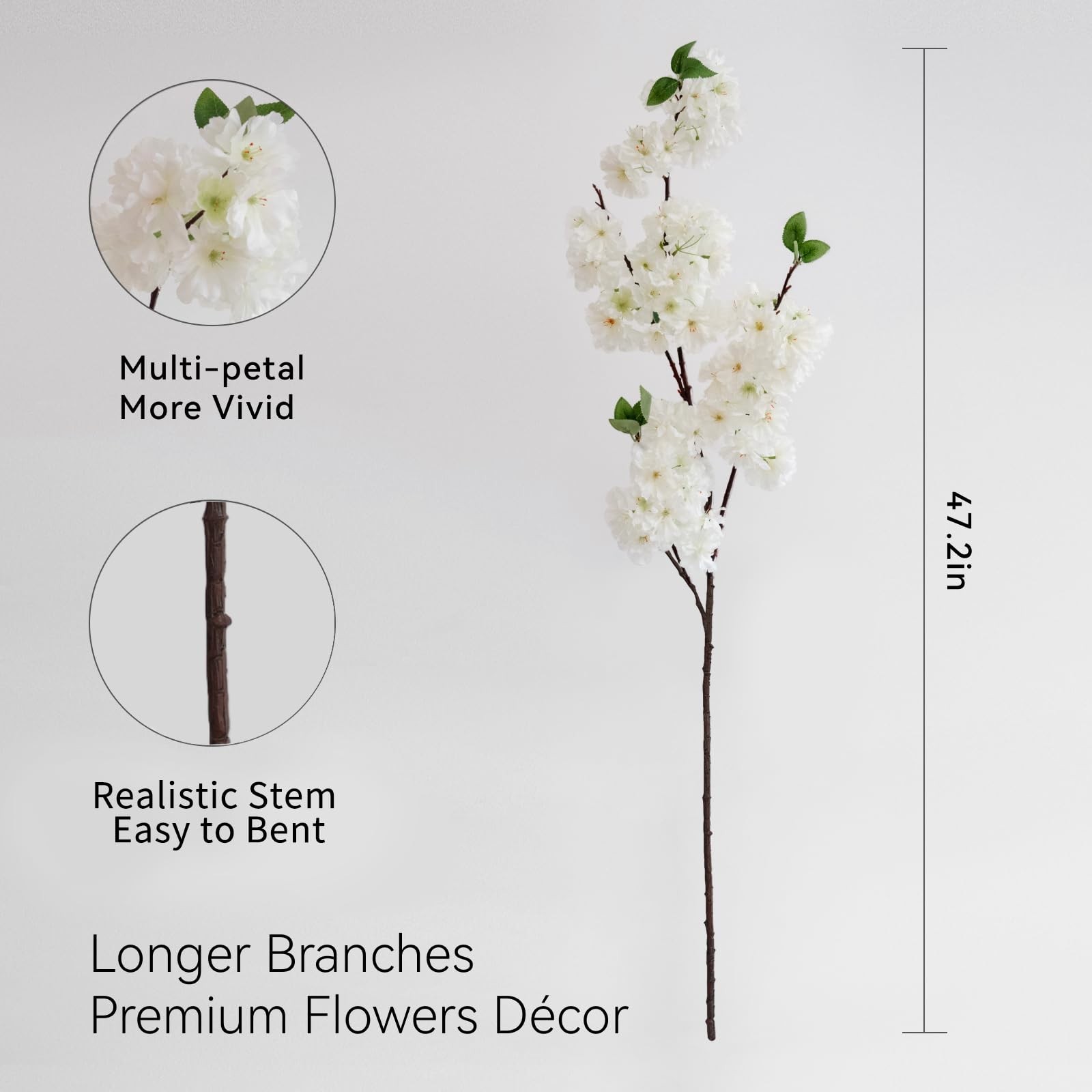 47.2 Inches Cherry Blossom Branches, 3 Pieces Artificial White Flower Branche…