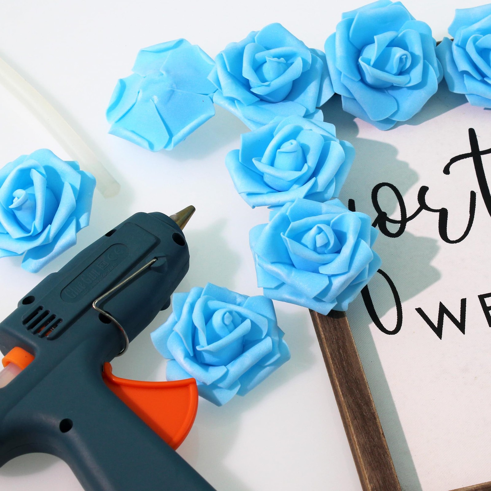 Sky Blue Artificial Foam Fake Rose Head Flower 3 Inch 100 PCS
