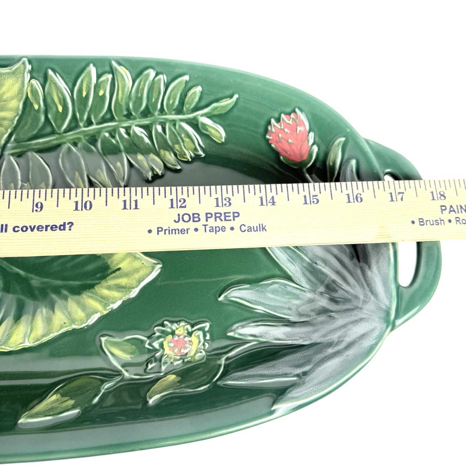 Opalhouse MAIOLICA STONEWARE GREEN LEAF FLORAL Decorative Tray 18″X9″ Handles