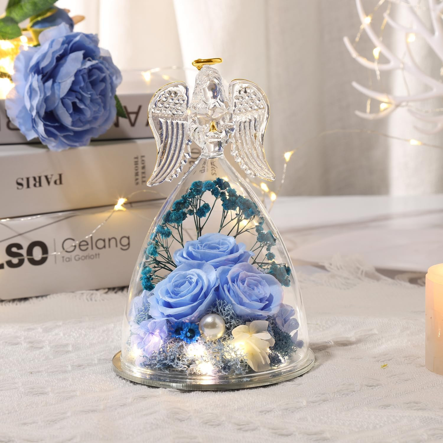 Gifts for Women for Mom Preserved Blue Rose with Lights Forever Flower in Glass