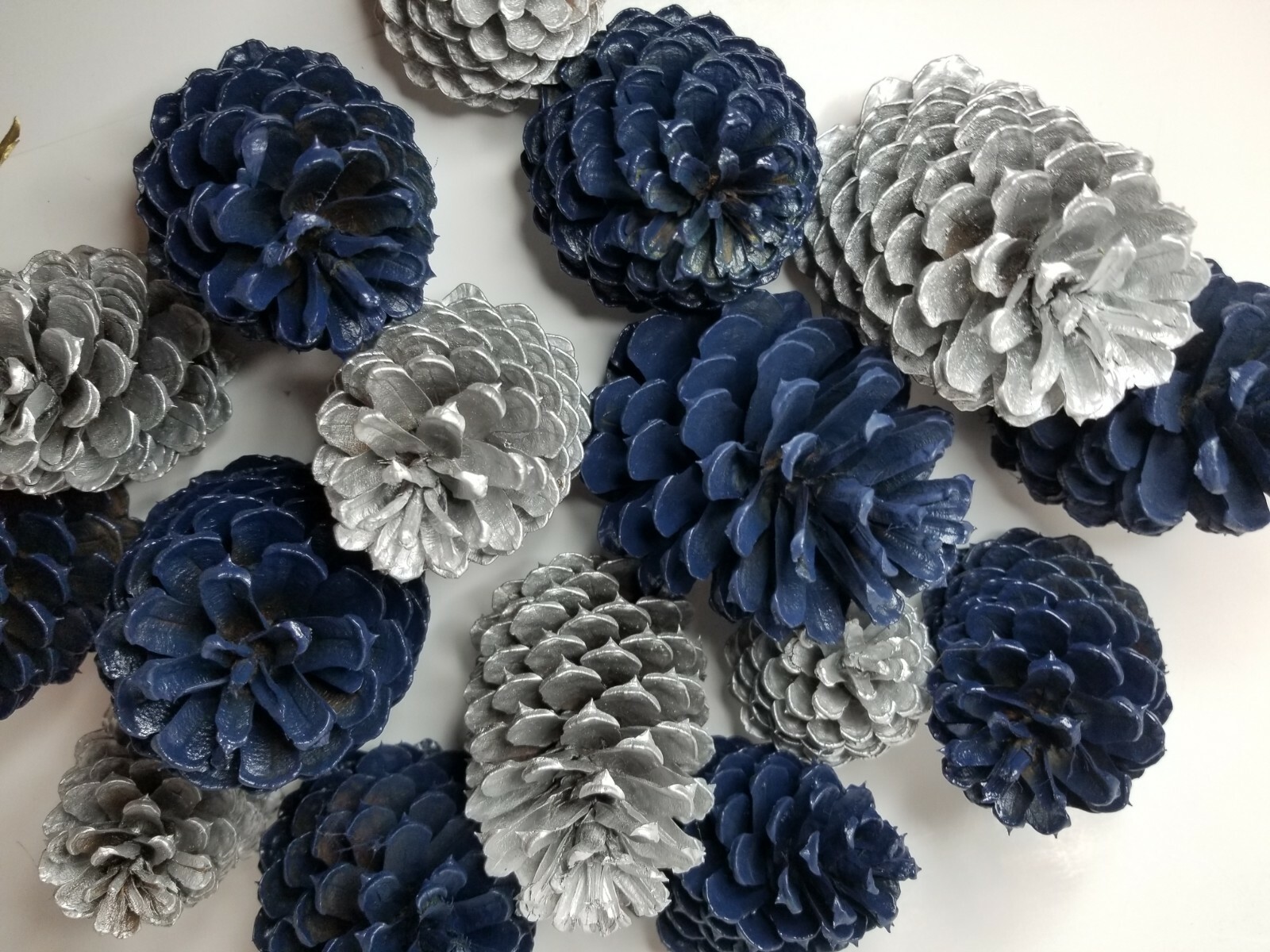 🎅15 Royal Blue & Silver Pine Cones Hand Painted Natural Premium Ponderosa Cones