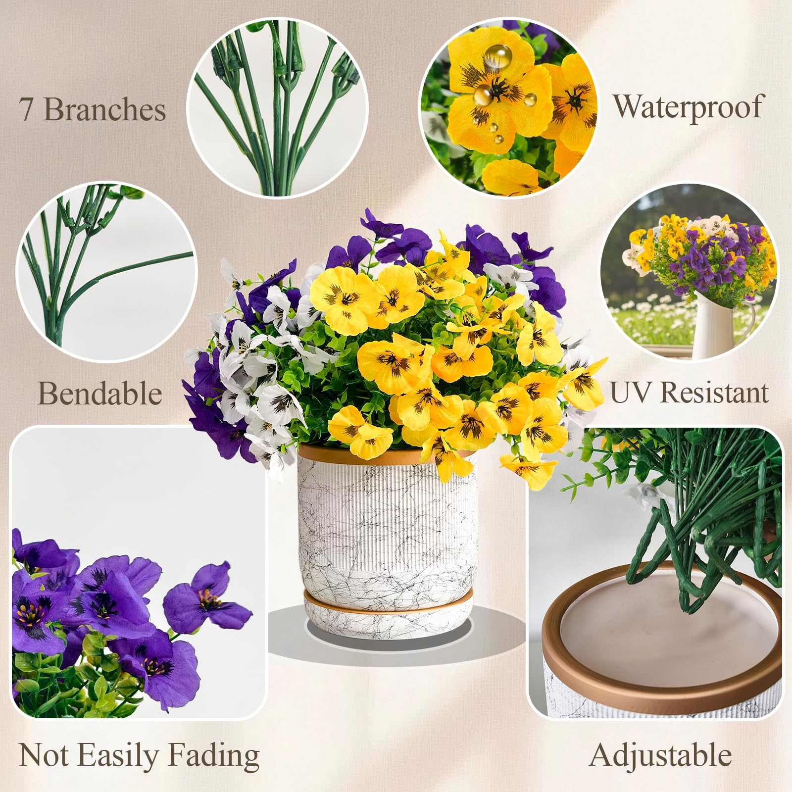 9 Artificial Pansy Flowers for Outdoors with Gift Box – UV-Resistant Fake Sil…