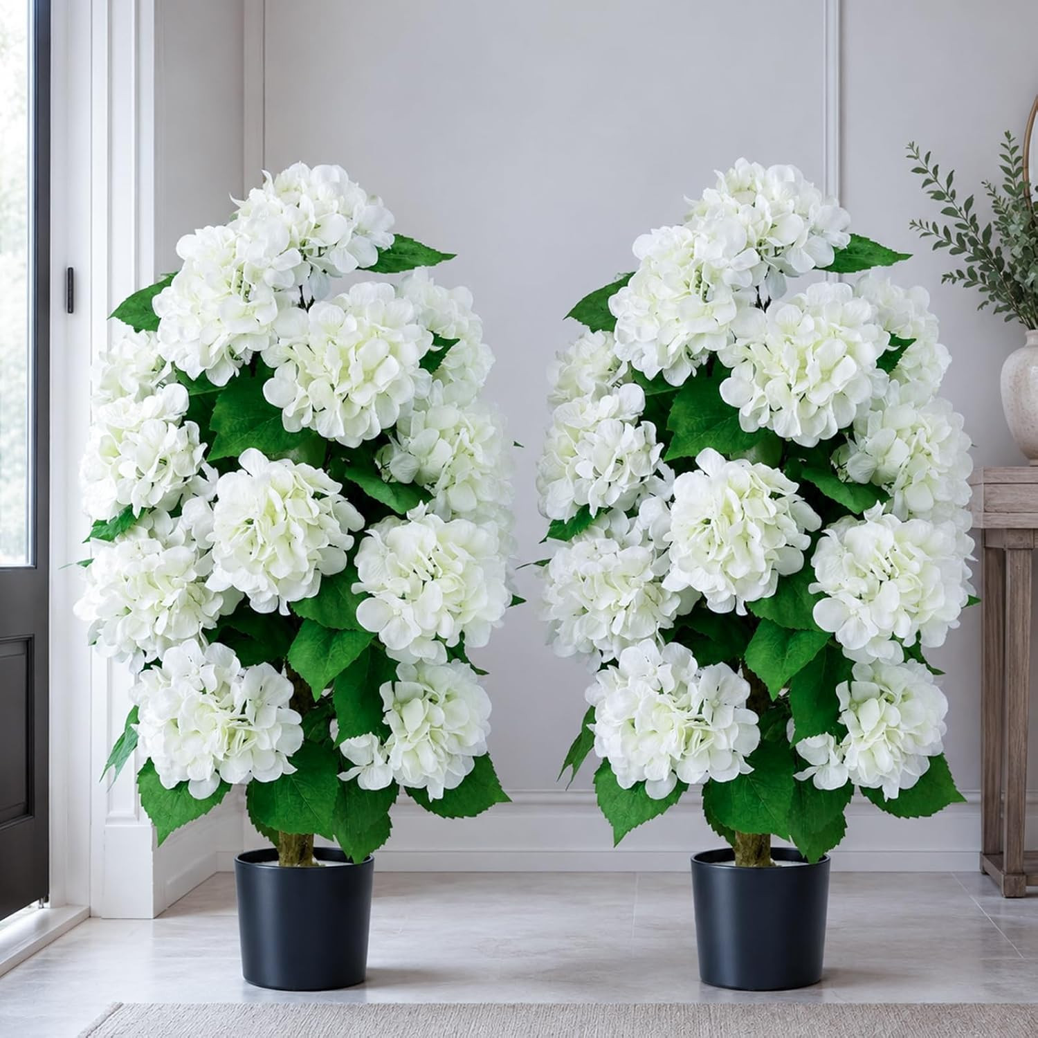 2 Pack Artificial Hydrangea Trees Potted, UV Resistant Faux Hydrangea Plant in P