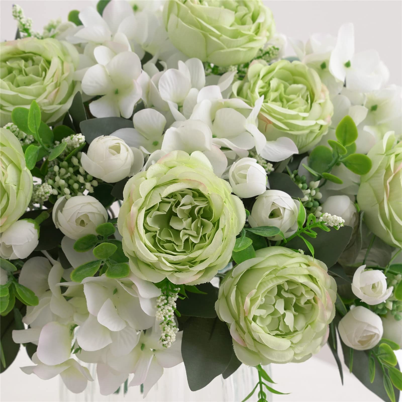 4 PCS Green Peony Artificial Flowers Faux Rose Silk Bouquet Table Centerpiece