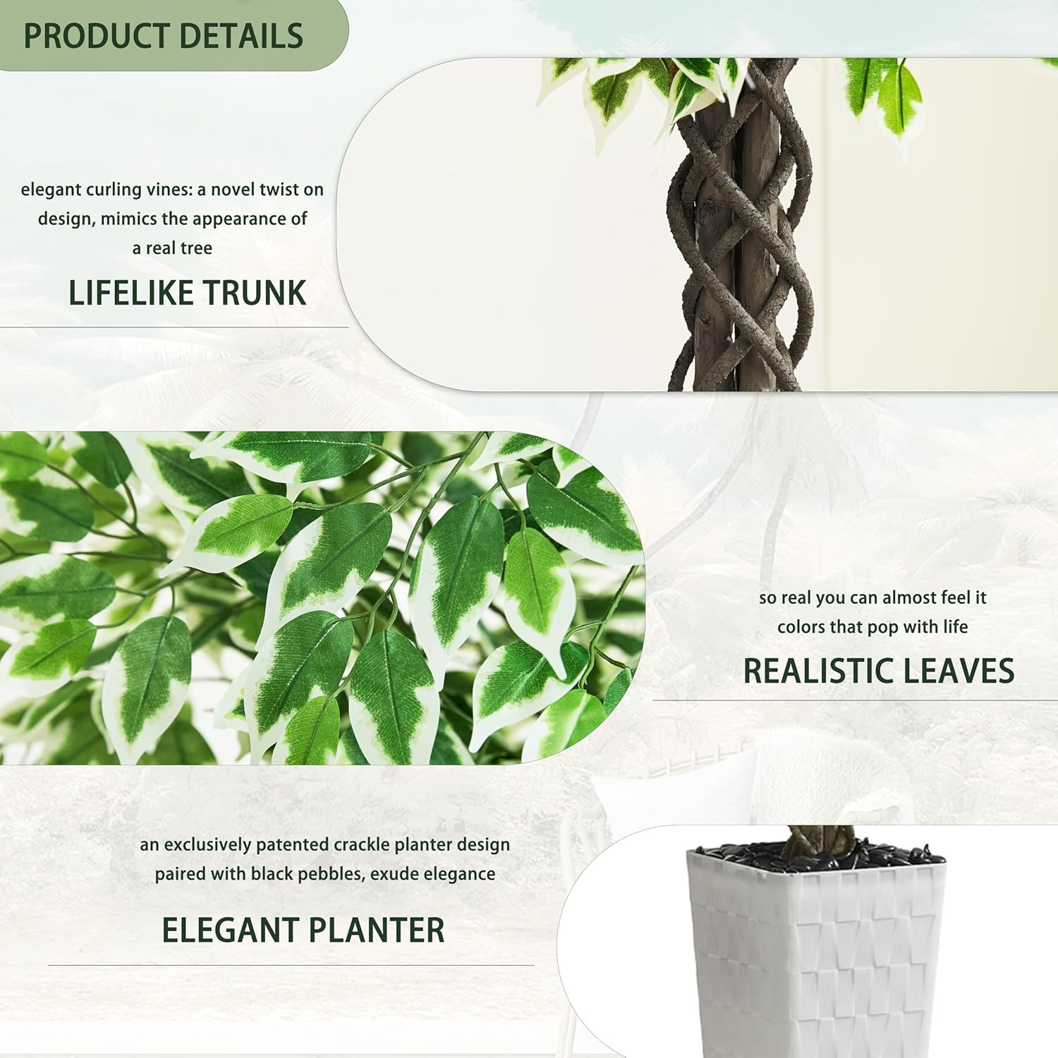 7FT Artificial Ficus Tree with White Planter – Lifelike Indoor/Outdoor Decor