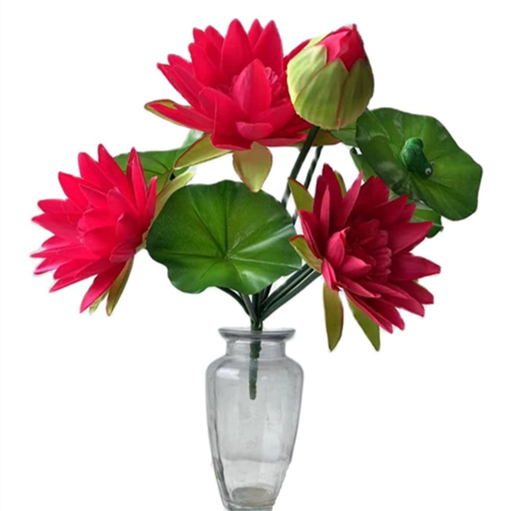 2pcs Red Lotus Artificial Flower Bouquets Faux Silk Water Lily Flower Bunch 1…