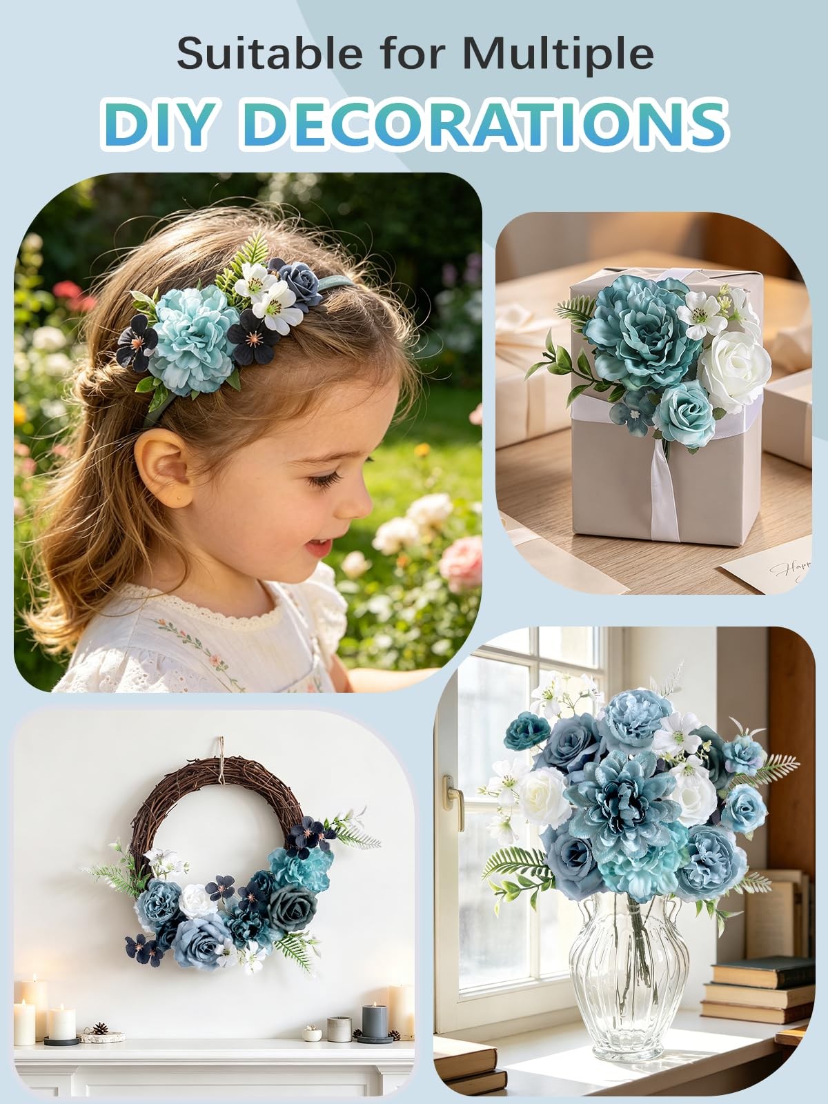 Artificial Flowers Combo Dusty Blue Silk Wedding Bouquet Table Decor