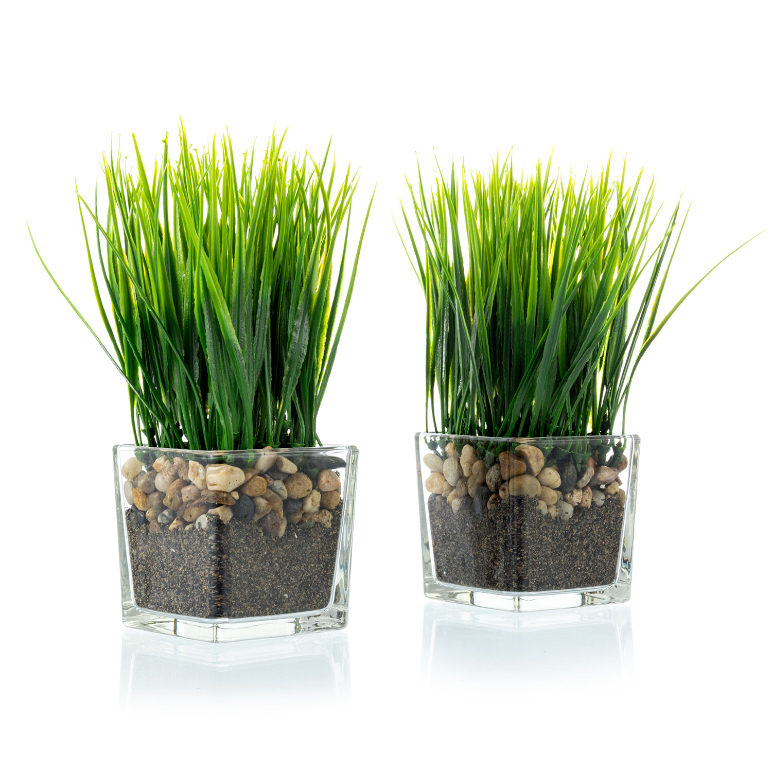 Decorative Potted Greenery Plant in Tabletop Planter Artificial Grass, Set of 2