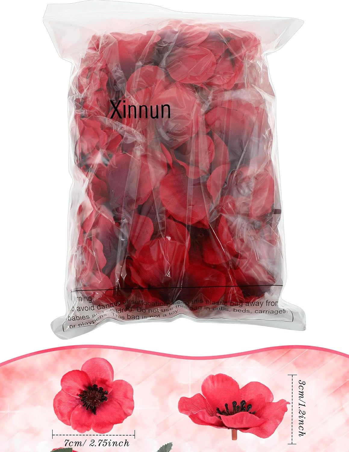 Xinnun 60 Pieces Artificial Poppies Flowers Red Poppy Artificial Silk Faux Steml