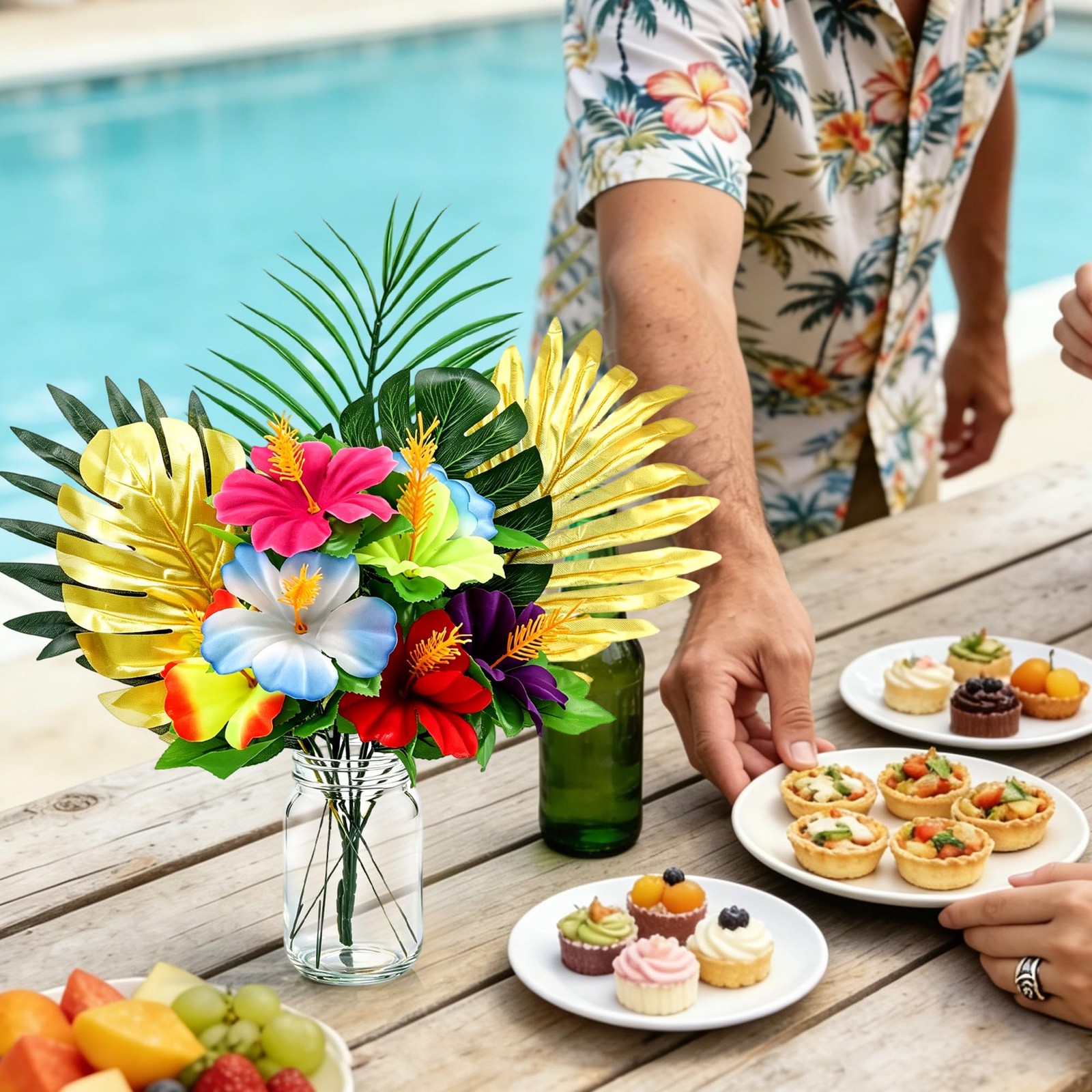 6 Pack Hawaiian Flower Centerpieces with Mason Jars Artificial Hibiscus Bouqu…