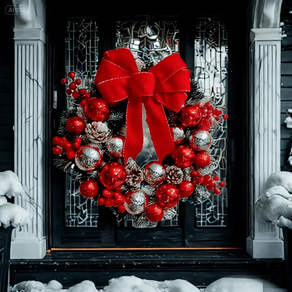 45cm/17.7in Christmas Wreath Front Door Flocked Pine Red Bow