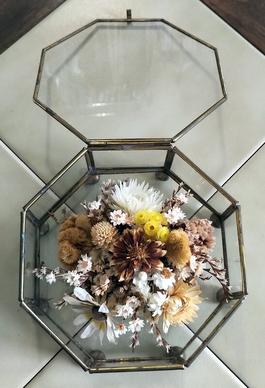 Lot (2) Vintage Octagon/Rectangle Glass Boxes w/ Dried Fall Floral Arrangements