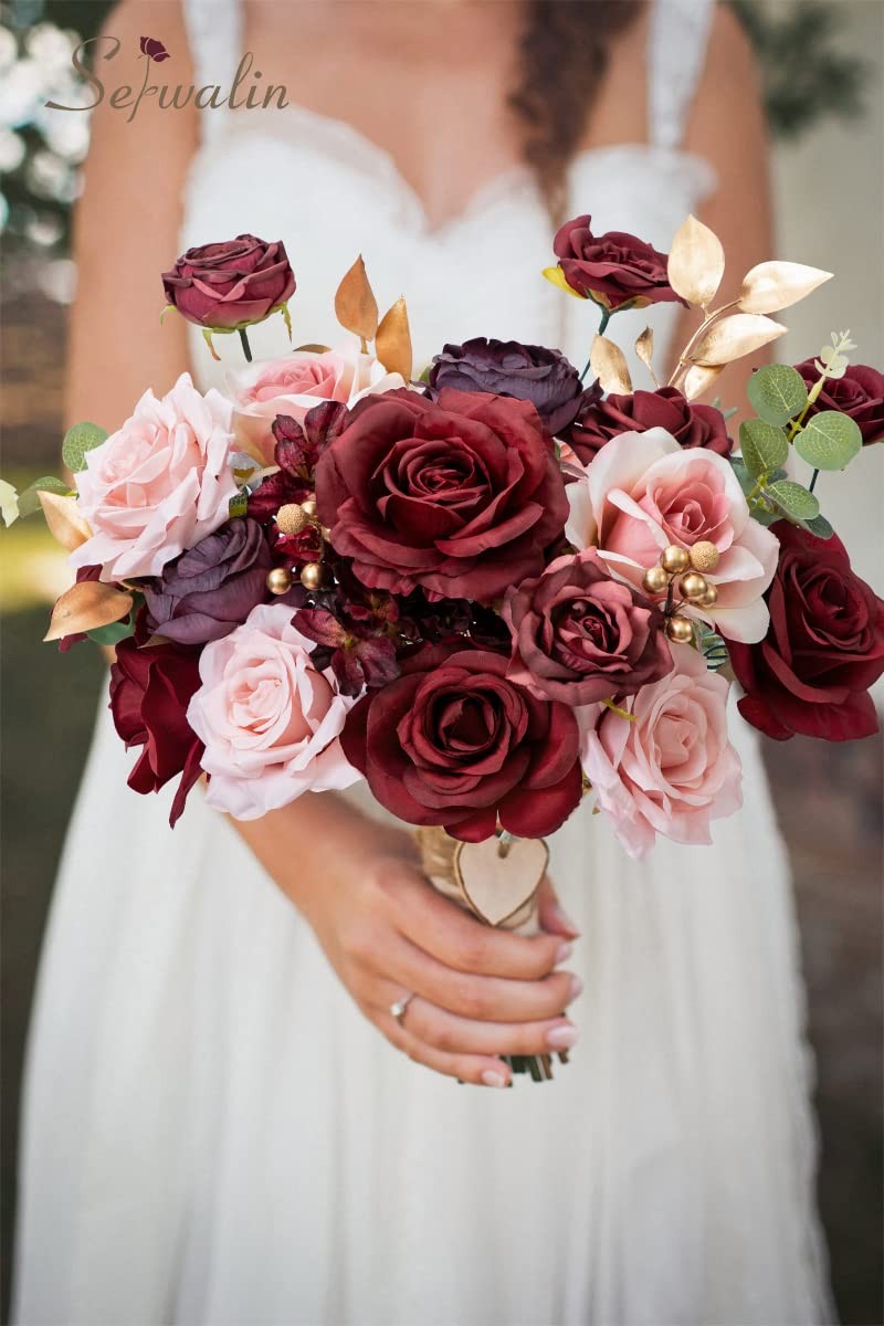 Burgundy Pink Artificial Silk Flowers Deep Red Cake Bridal Bouquet Centerpiece