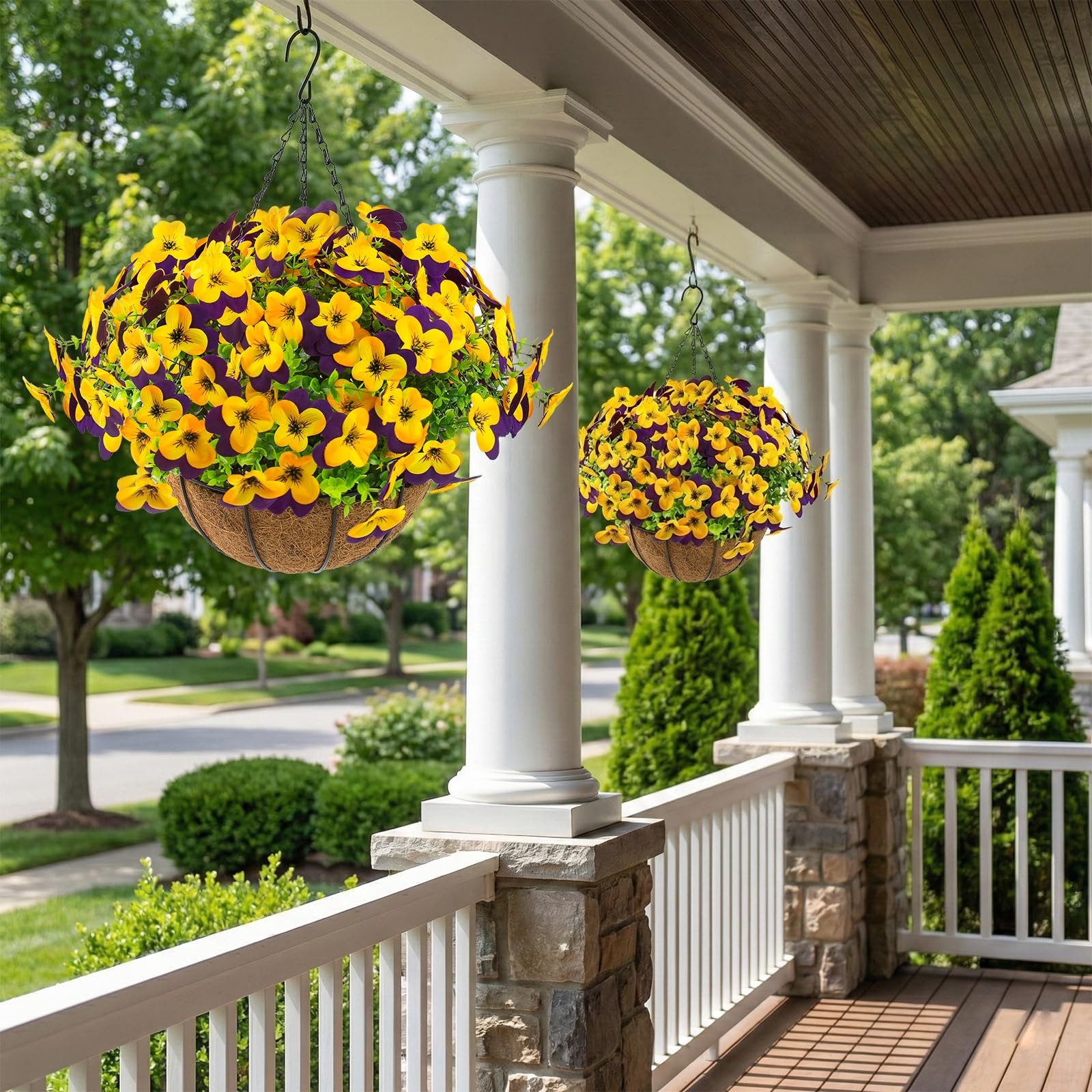 2 Set Artificial Outdoor Pansies Flowers with Hanging Baskets, 2 Hanging Plan…