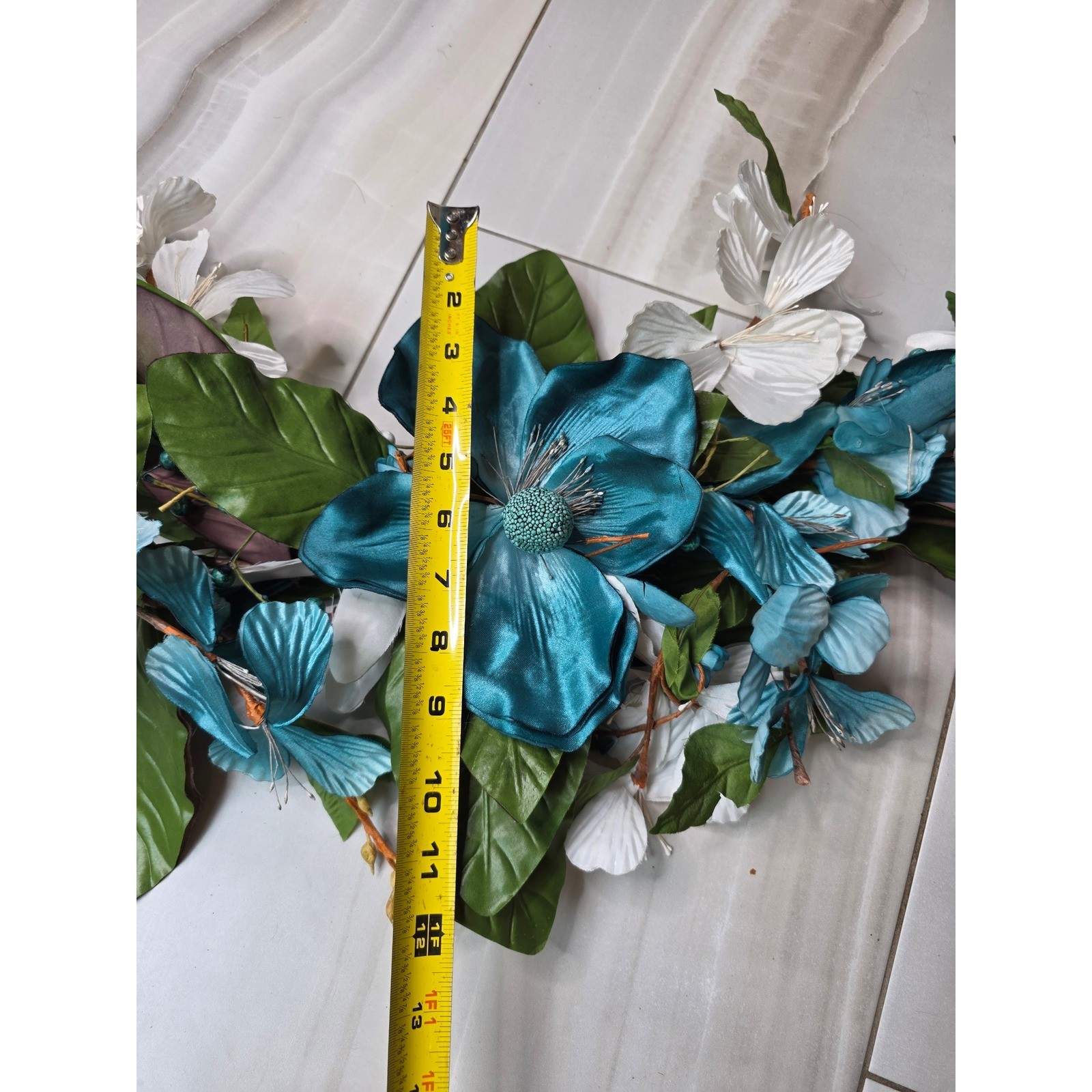 Large Teal & White Floral Wall Decor Metal Flower Wall Art 37″ Wide