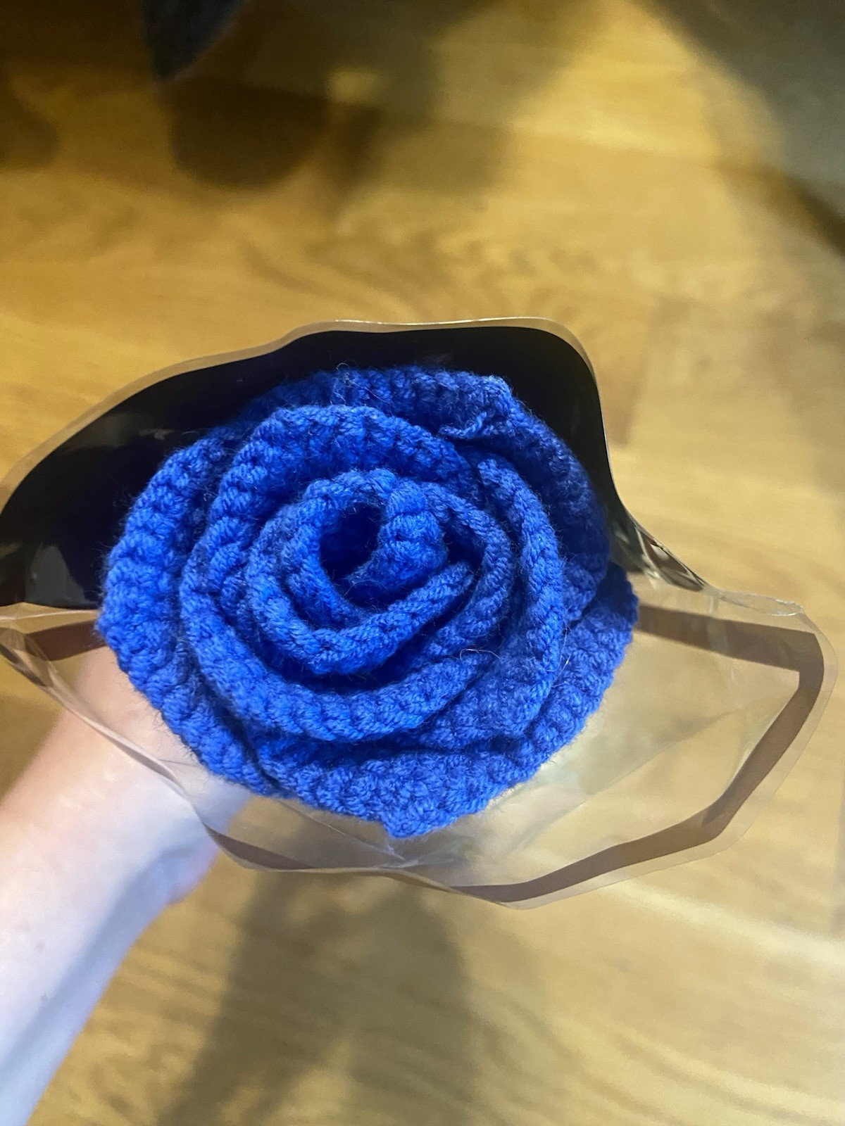 Handmade Crochet Single Rose Blue with Green Leaves and Stem 10″