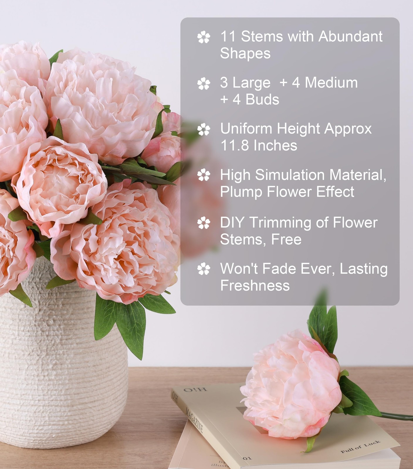 11 Branch Light Pink Peony Artificial Flowers Silk Faux Vase Arrangements