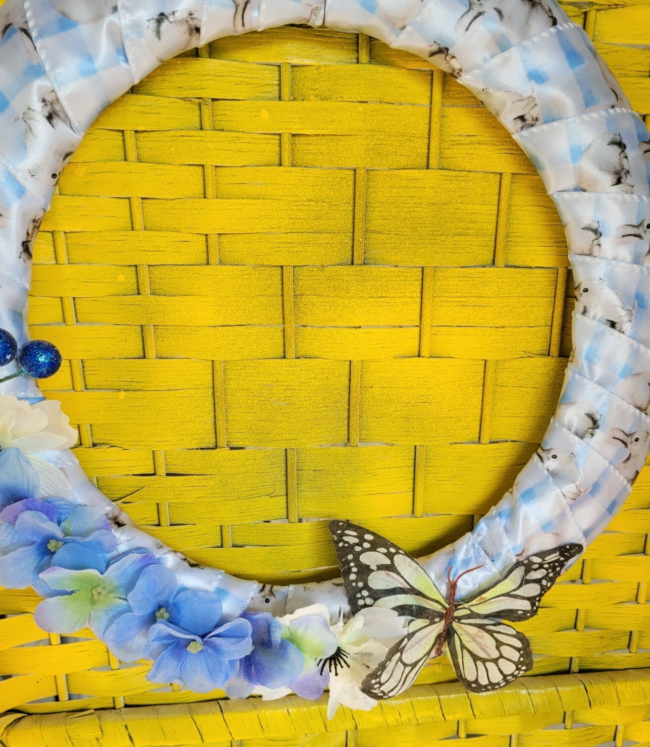 Bright Blue Bunny Spring Wreath with butterfly and pansies, middle size wreath,