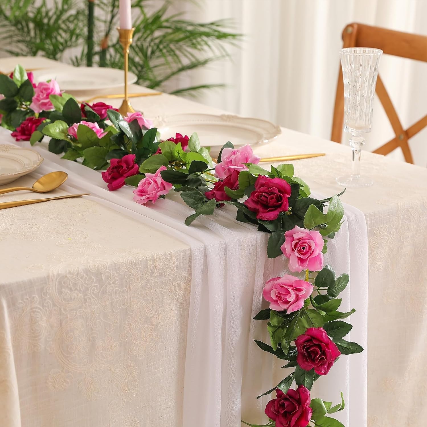 2 Pack Artificial Rose Garland Fuchsia Pink Silk Flower Vines for Wedding Hom…