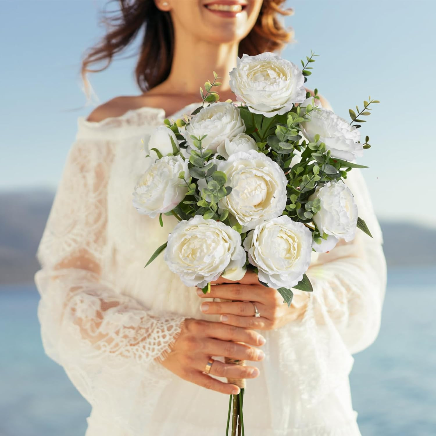 White Peonies Artificial Flowers,4 Pcs 27.5“ Faux Silk Peonies with Stems Real L